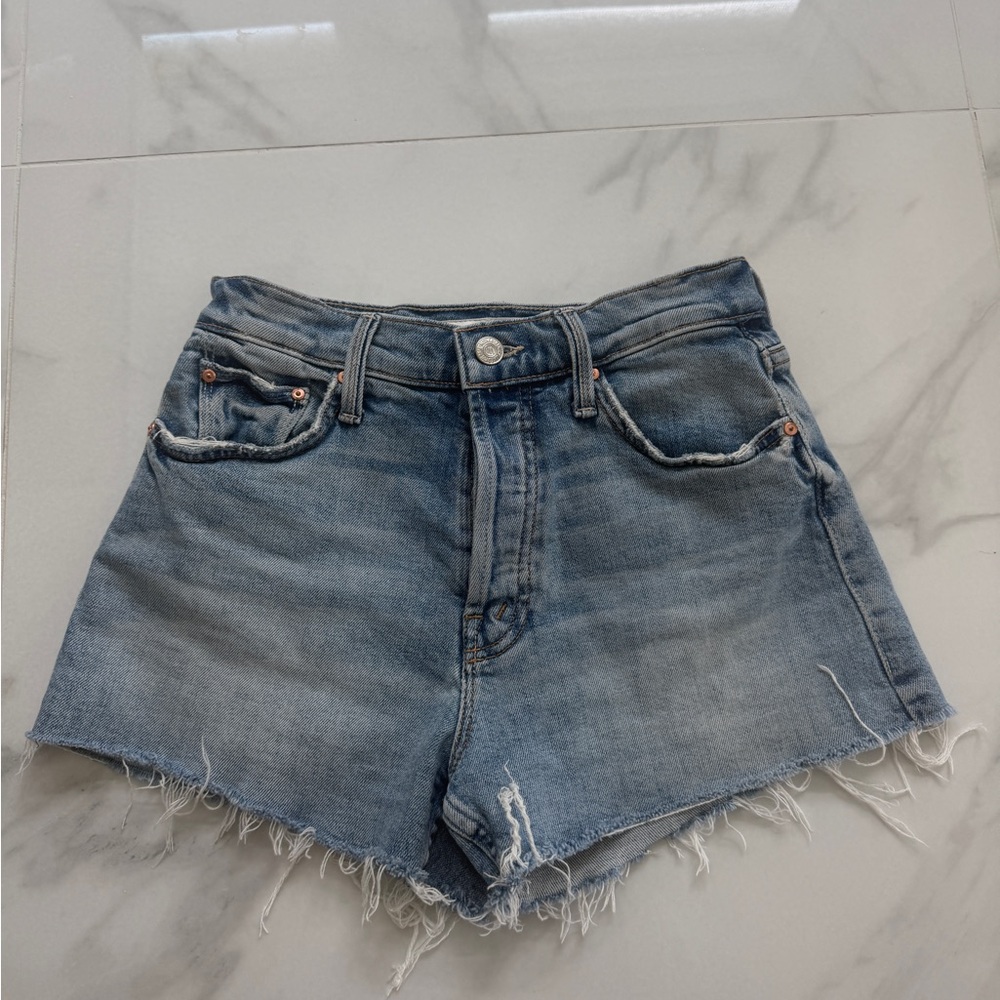 MOTHER Denim High-Waisted Frayed Hem Shorts with Heart Pocket Detail